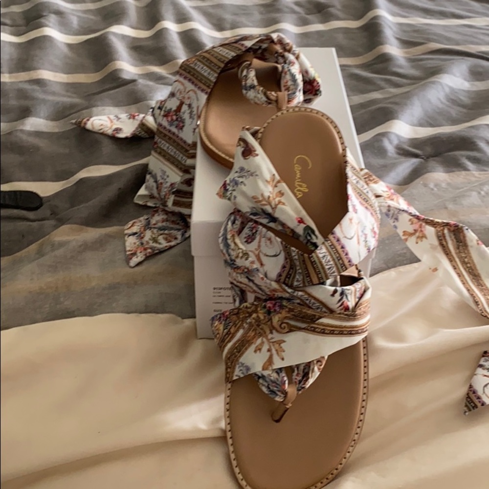 Camilla leather and Silk wrap tie sandals